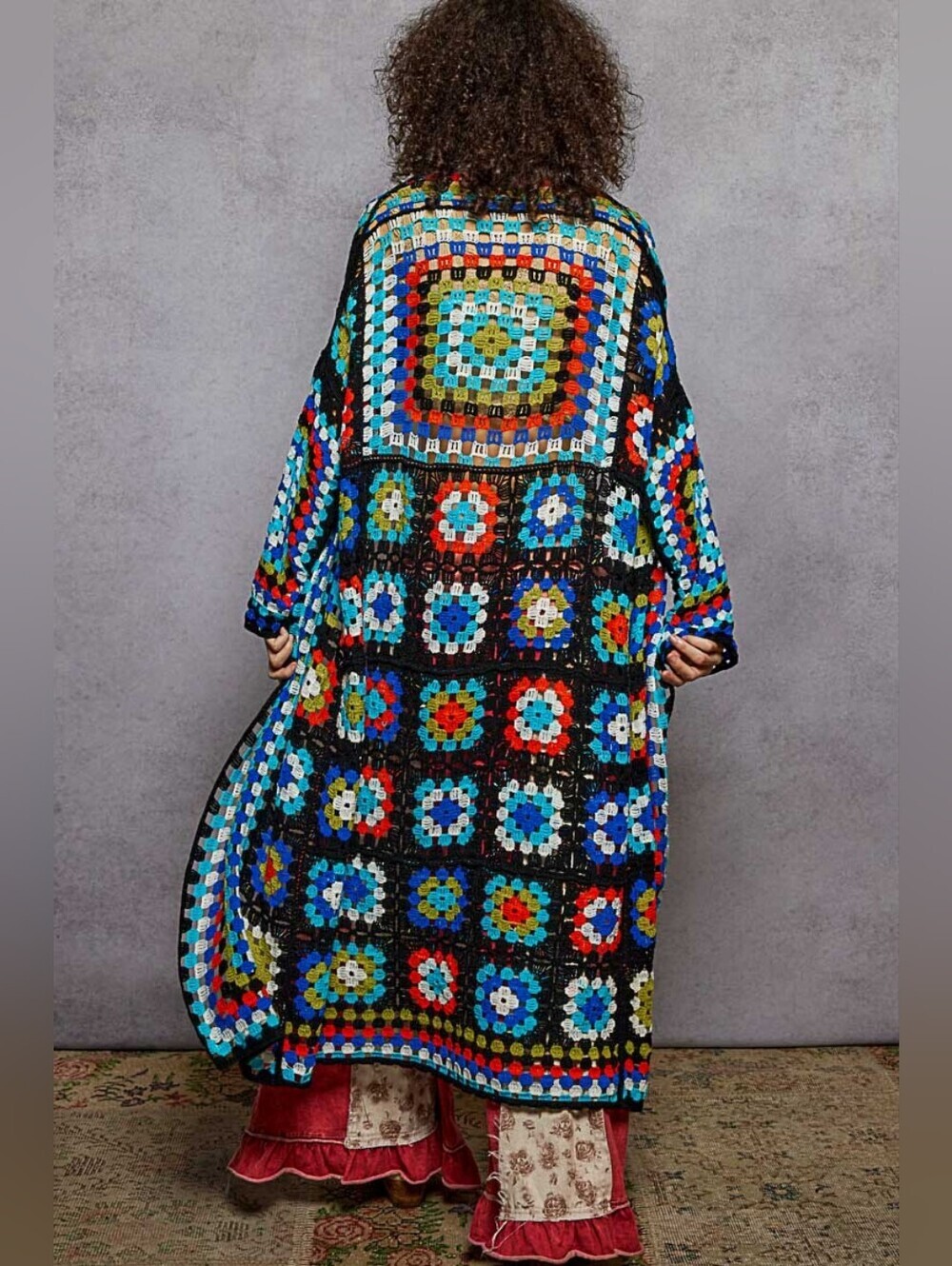 POL Black Colorful Granny Square Crochet Long Cardigan Duster Kimono